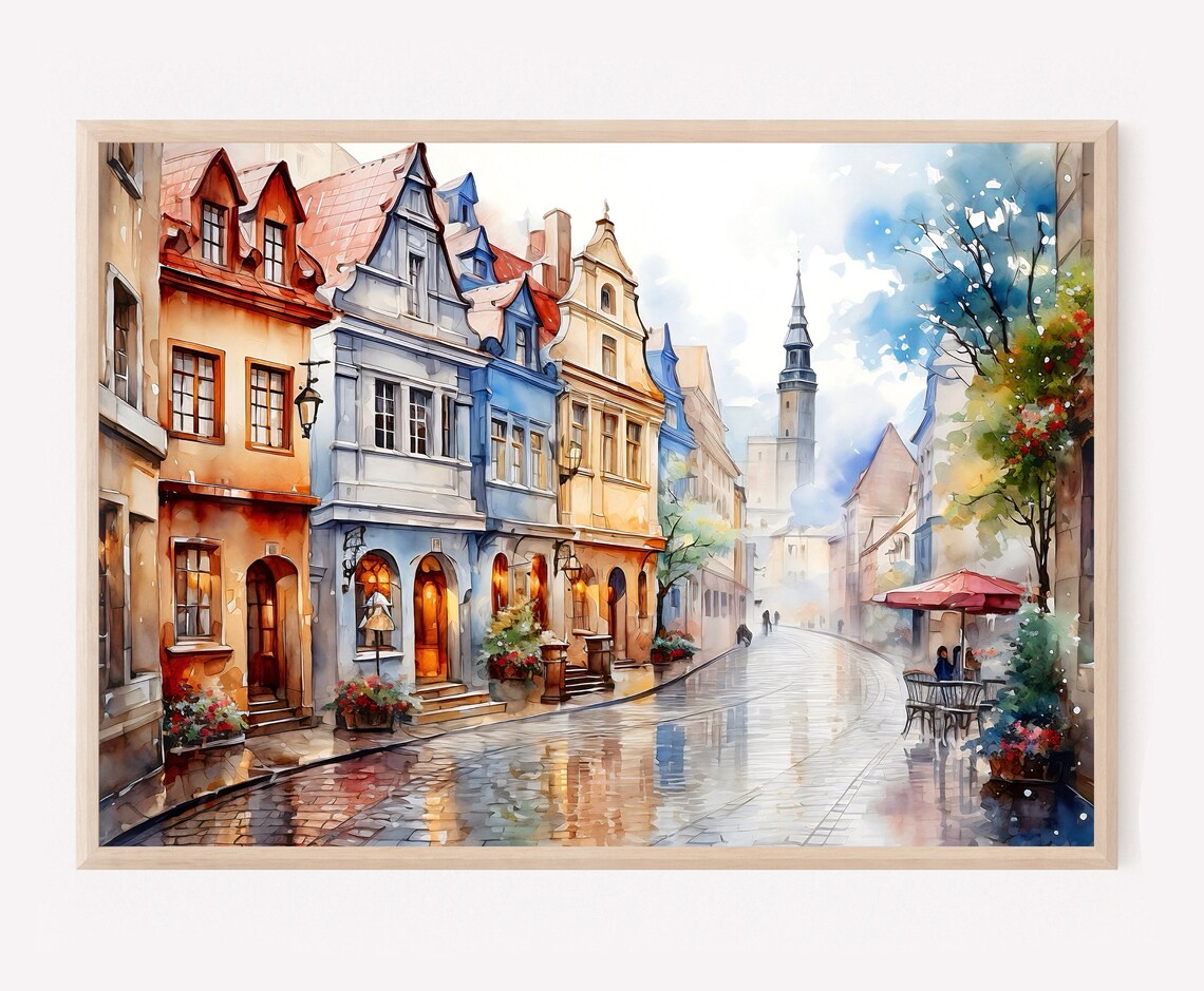 Prague Old Town Watercolor Cobblestone Street Colorful Houses Poster