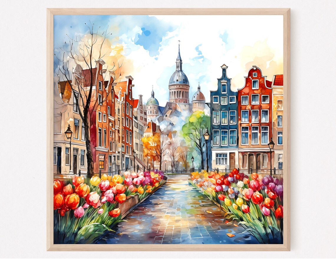 Amsterdam Tulip Canal Watercolor Painting Dutch Street Art Poster
