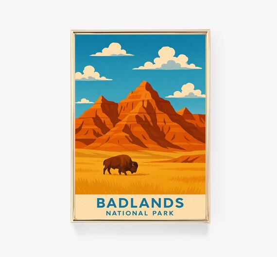Badlands National Park Bison Sunset Buttes Retro Travel Poster