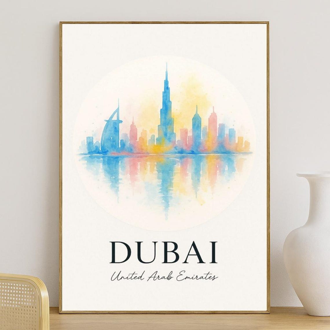 Dubai UAE Watercolor Skyline Burj Khalifa Burj Al Arab Poster