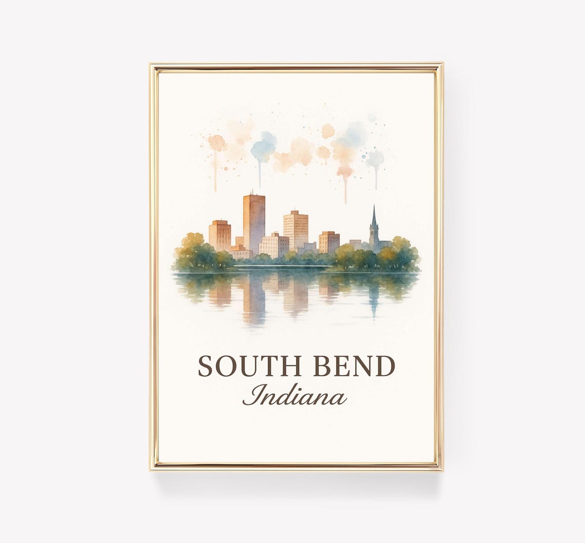 South Bend Indiana Watercolor Skyline Travel Poster Lakefront