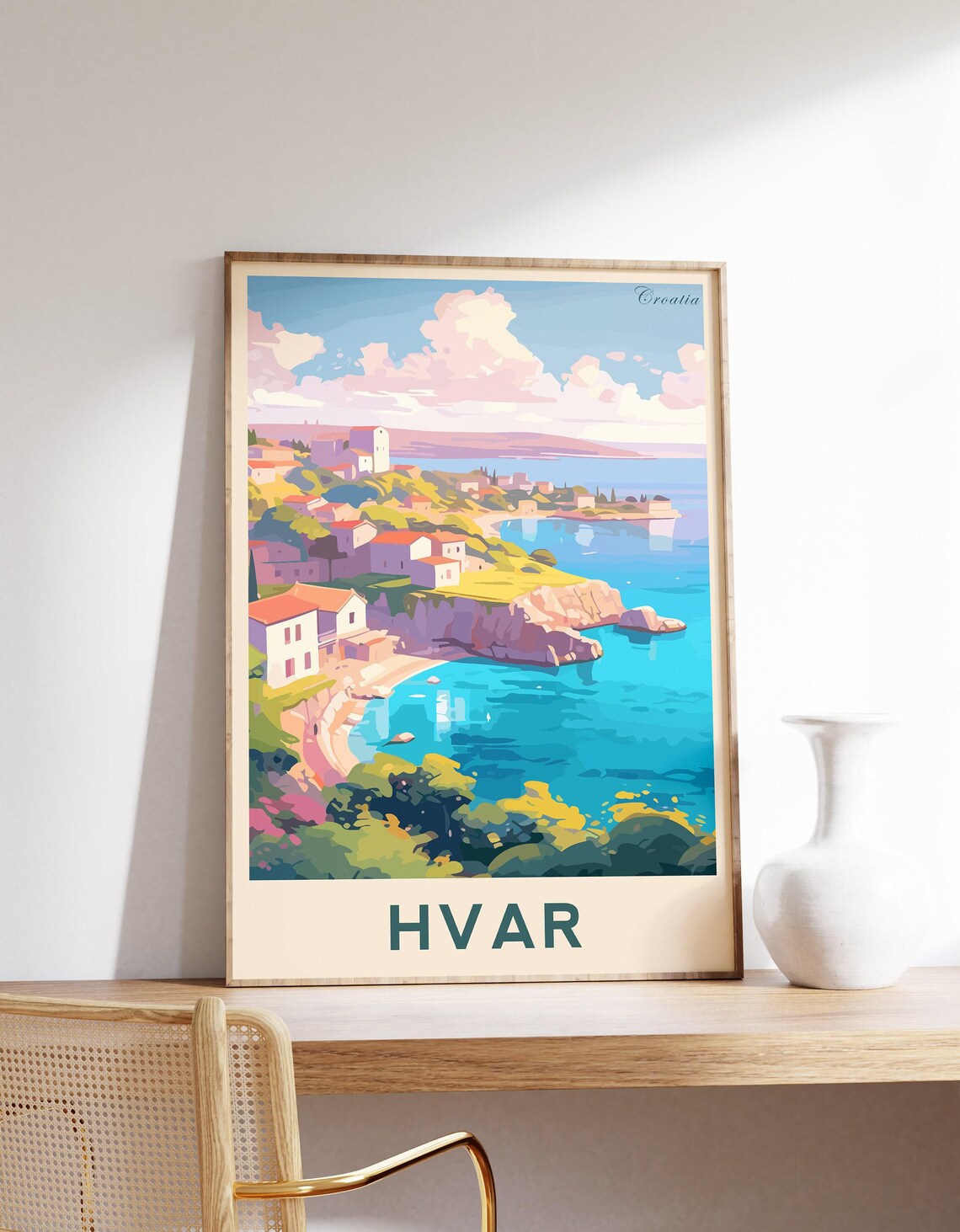Hvar Croatia Island Coast Turquoise Bay Cliff Town Summer Travel Poster