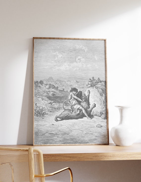 Dark Nouveau Drawing Gustave Dore Art Print Samson Slays A Lion 1866 Hell Wall Decor Renaissance Mid Century Modern