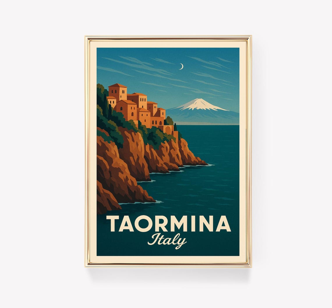 Taormina Sicily Italy Vintage Travel Poster Cliff Town Sunset Sea