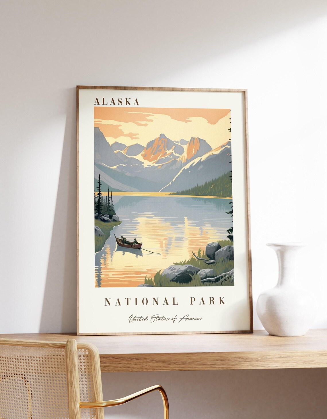 Alaska National Park Lake Mountain Sunset Vintage Travel Poster