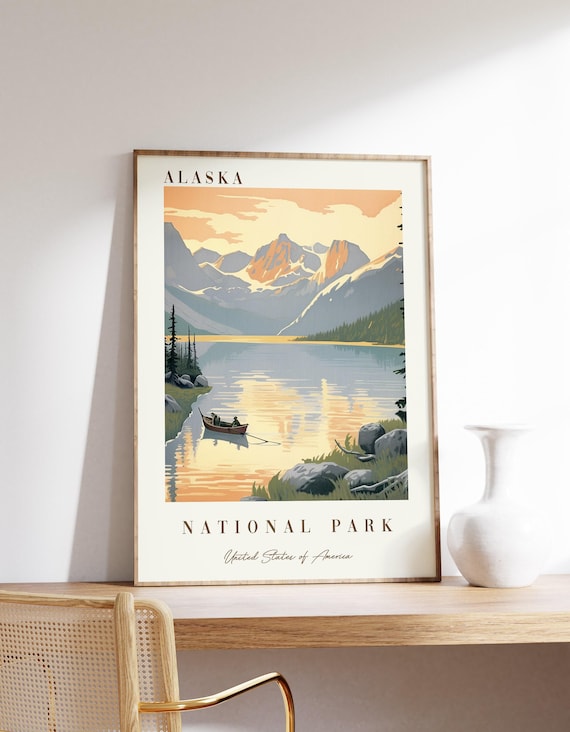 Alaska National Park Lake Mountain Sunset Vintage Travel Poster