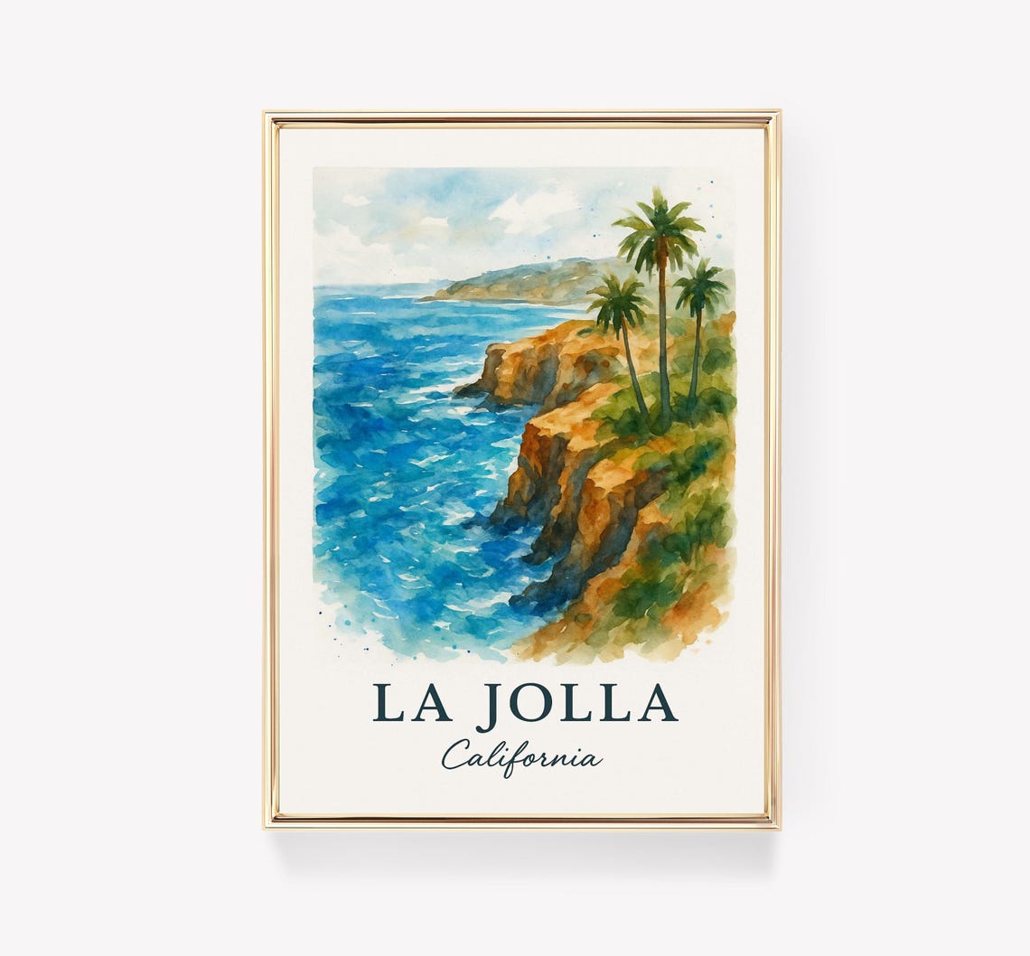 La Jolla California Cliffs and Palms Watercolor Travel Poster