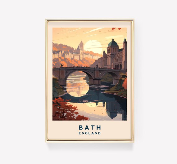 Bath England Stone Bridge River Sunset Vintage Travel Art Poster