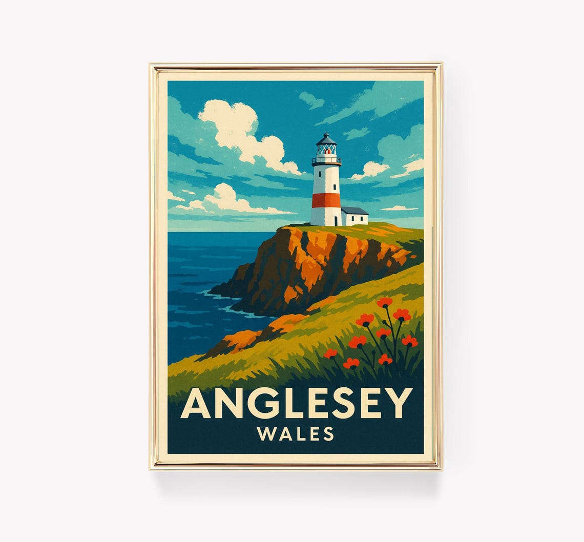 Anglesey Wales Lighthouse Cliffs Red Flowers Vintage Travel Poster