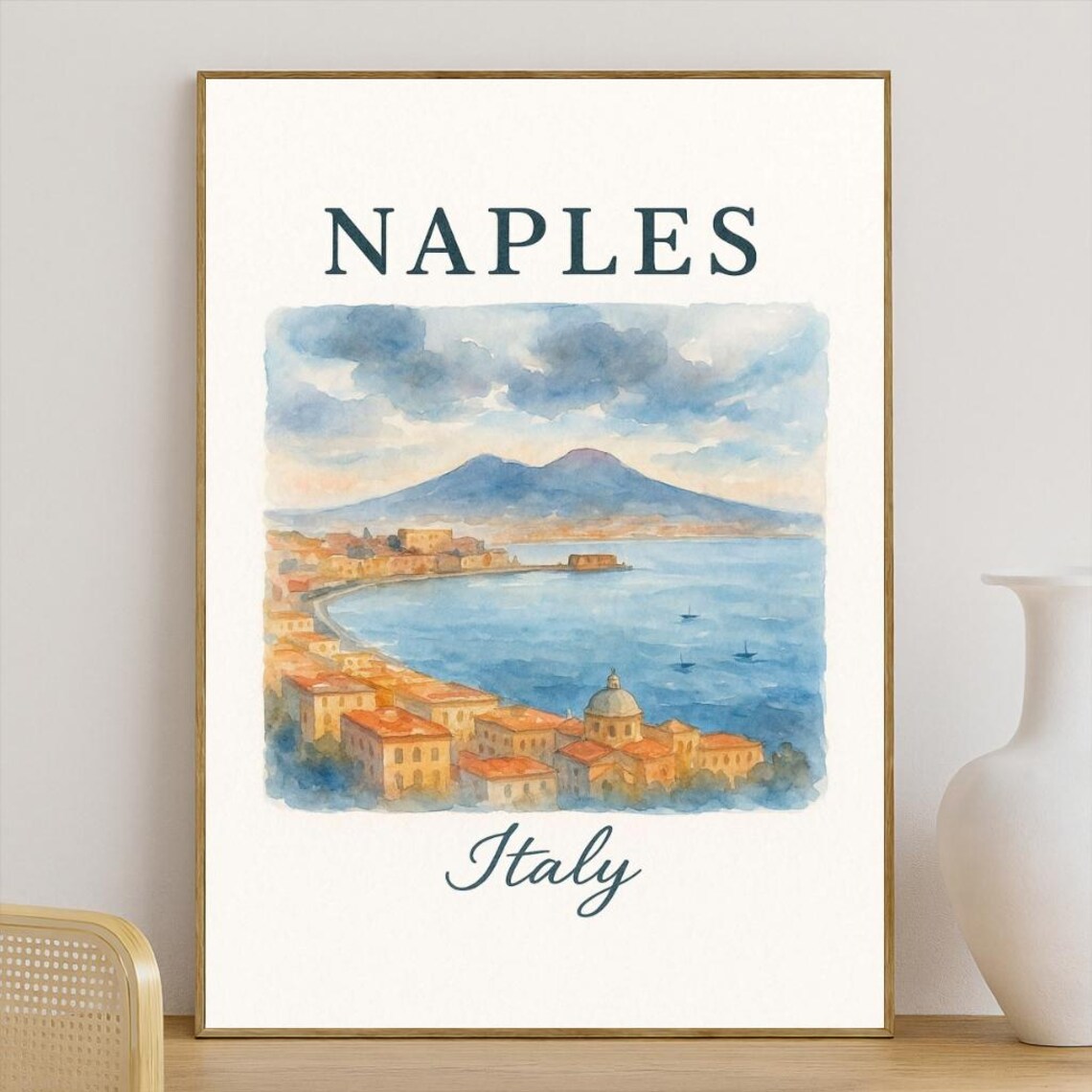 Naples Italy Bay and Vesuvius Watercolor Style Travel Poster