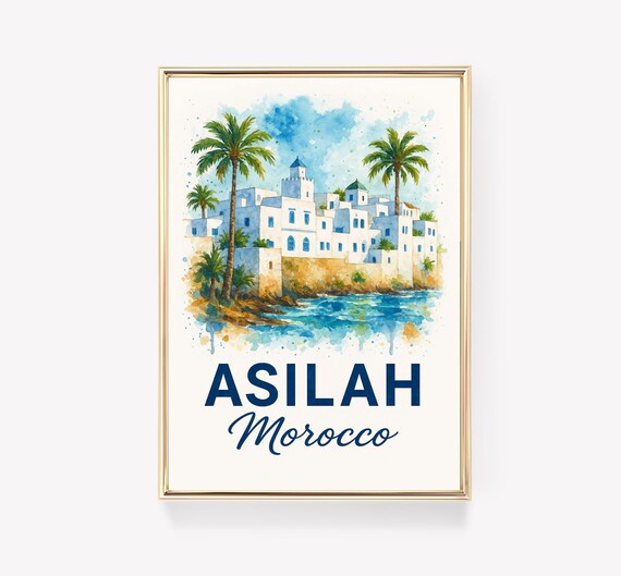 Asilah Morocco White Medina Watercolor Seaside Travel Poster Art