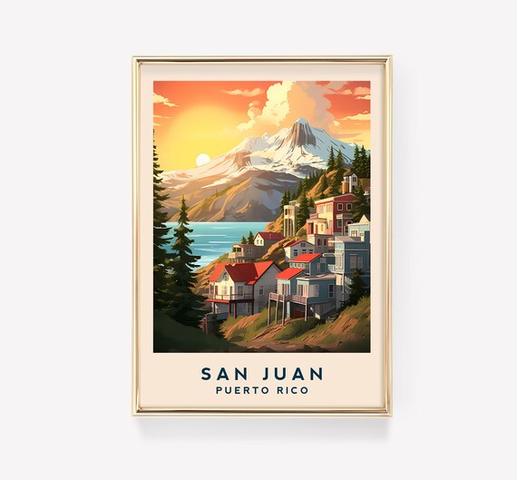 San Juan Puerto Rico Sunset Hillside Town Mountain Travel Poster