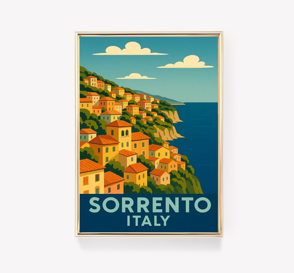 Sorrento Italy Italian Cliffside Town Sea Hills Retro Travel Poster