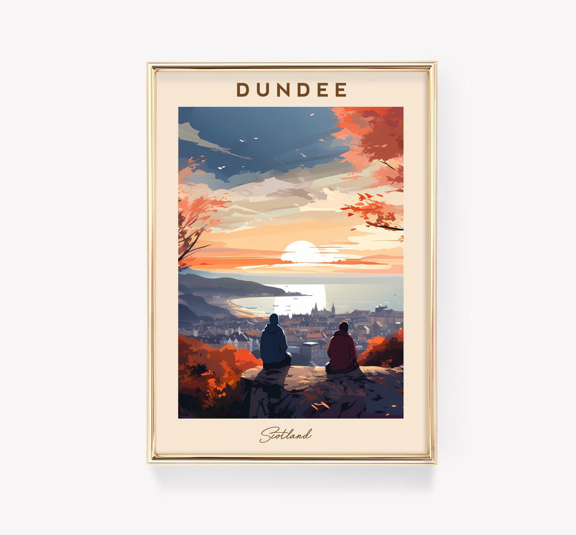 Dundee Scotland Sunset Hilltop Overlook Travel Poster Vintage Style