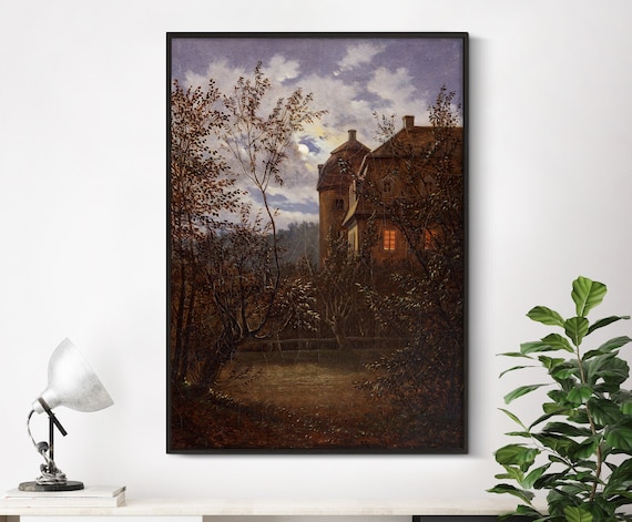 Carl Gustav Carus Schloss Milkel In Moonlight 1833 Landscape Poster Wall Art Print Vintage Painting Bedroom Home Decor Dark Academia