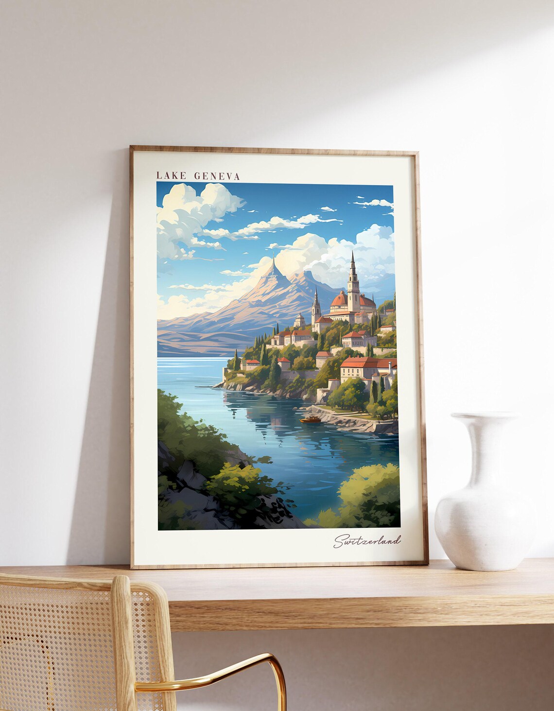 Lake Geneva Switzerland Lakeside Town Alpine View Travel Poster