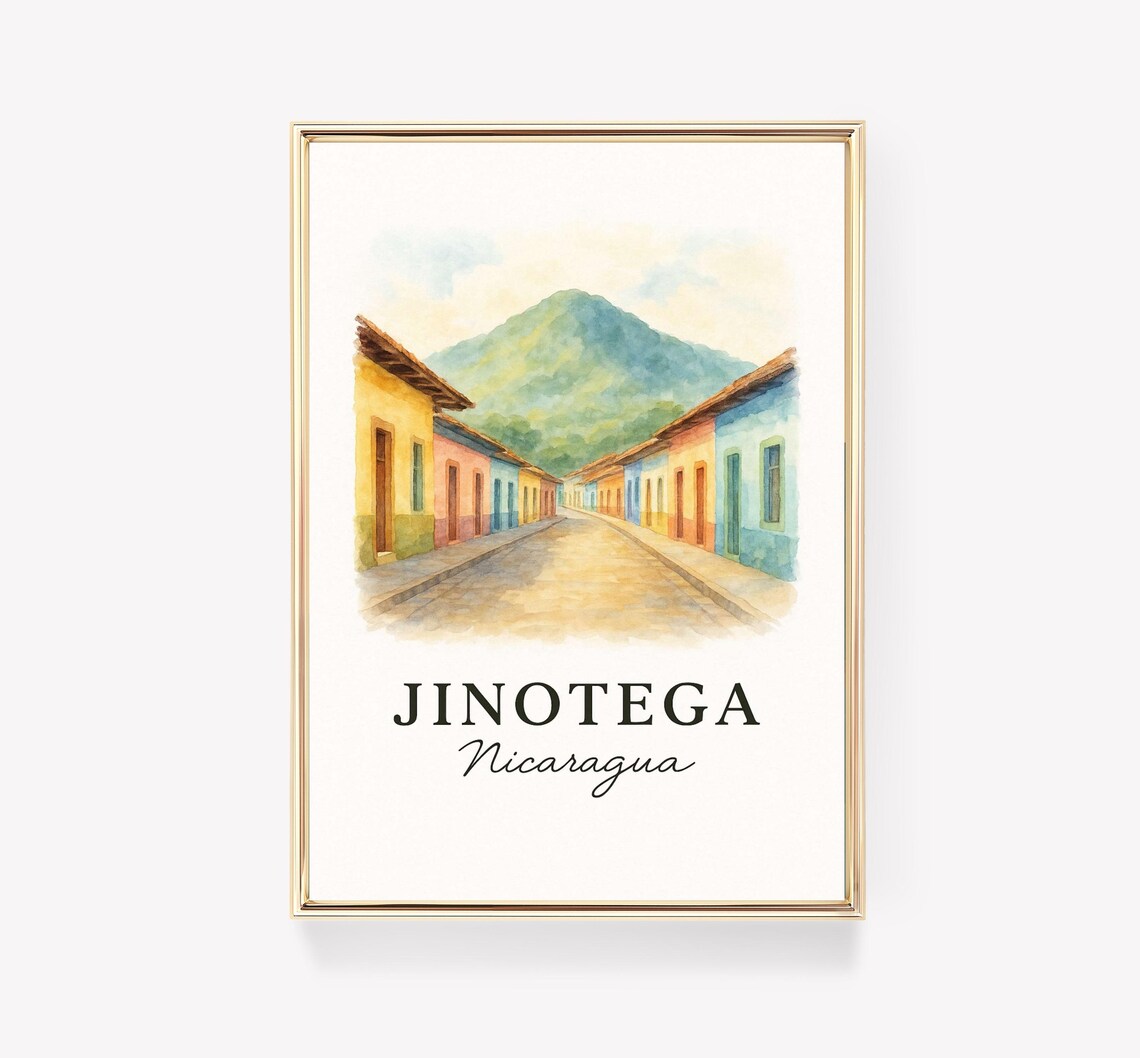 Jinotega Nicaragua Colorful Colonial Street Watercolor Travel Poster