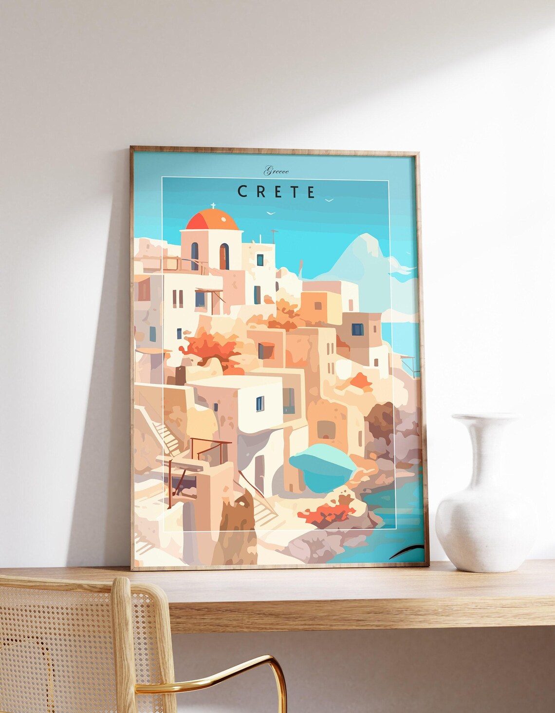 Crete Greece Seaside Village Blue Dome Sunny Vintage Travel Poster