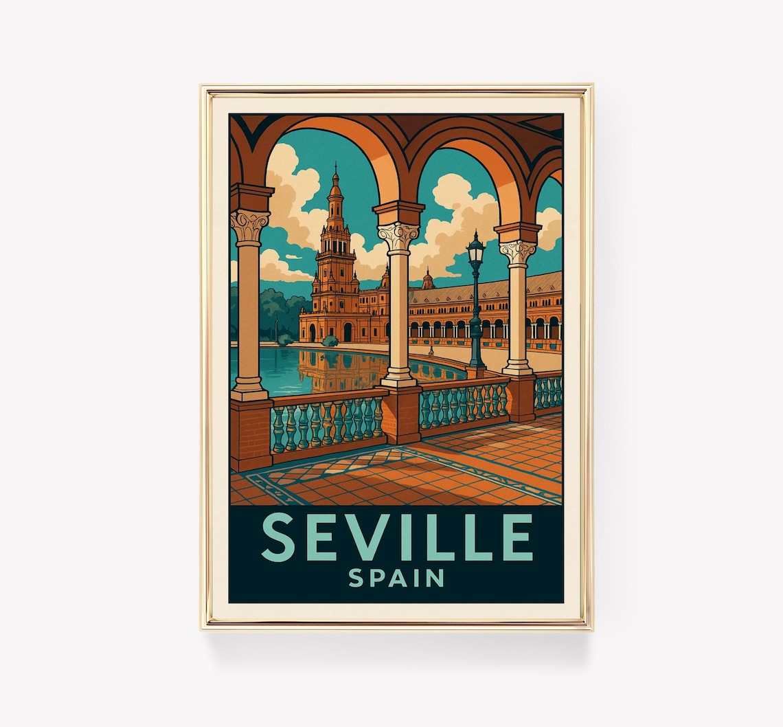 Seville Spain Plaza de Espana Arches Vintage Travel Art Poster
