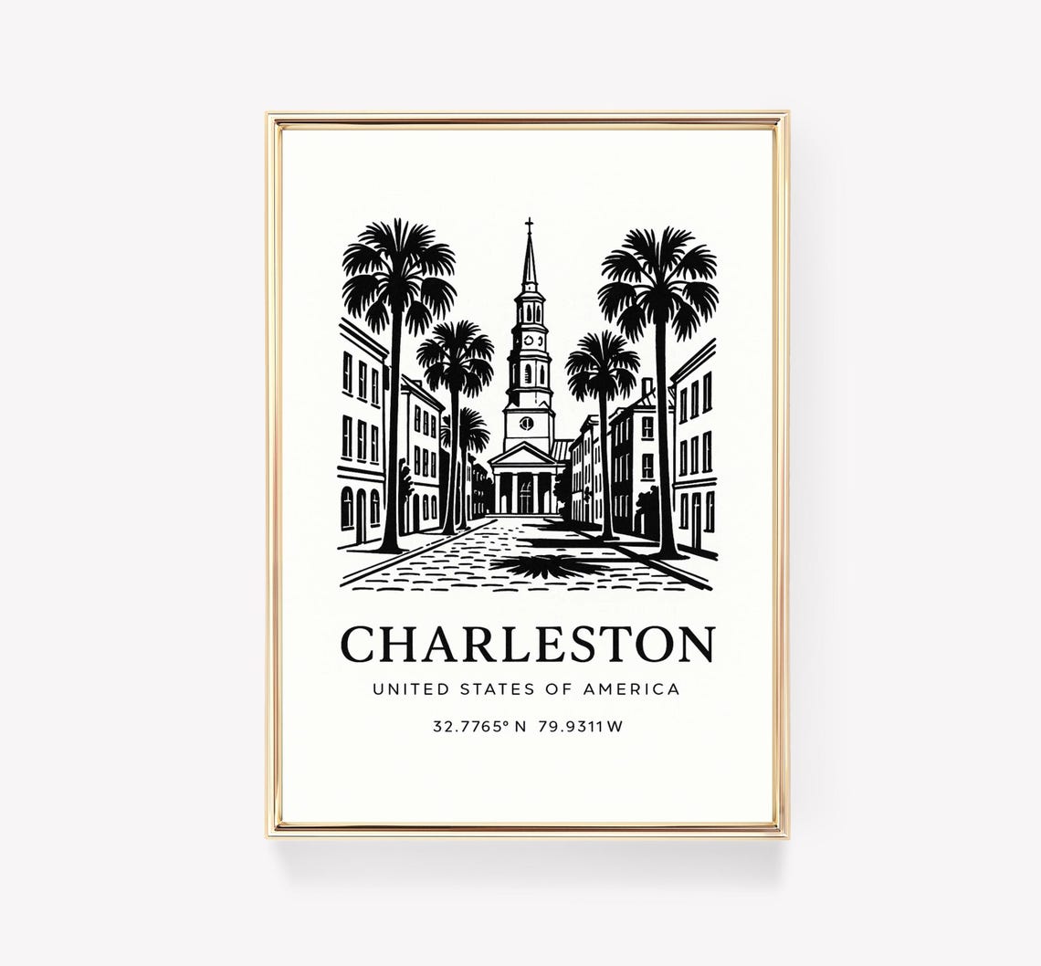 Charleston South Carolina Palms Line Art Street Travel Poster