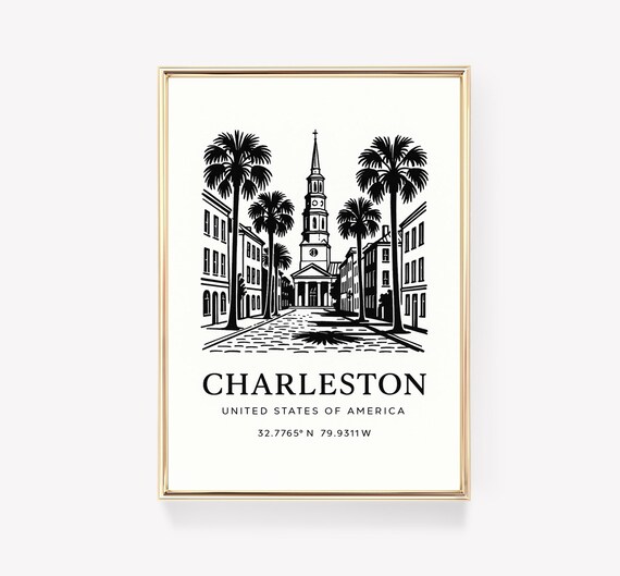 Charleston South Carolina Palms Line Art Street Travel Poster