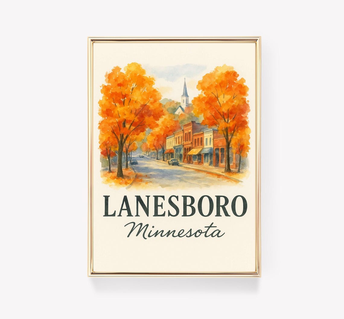 Lanesboro Minnesota Autumn Main Street Watercolor Travel Poster