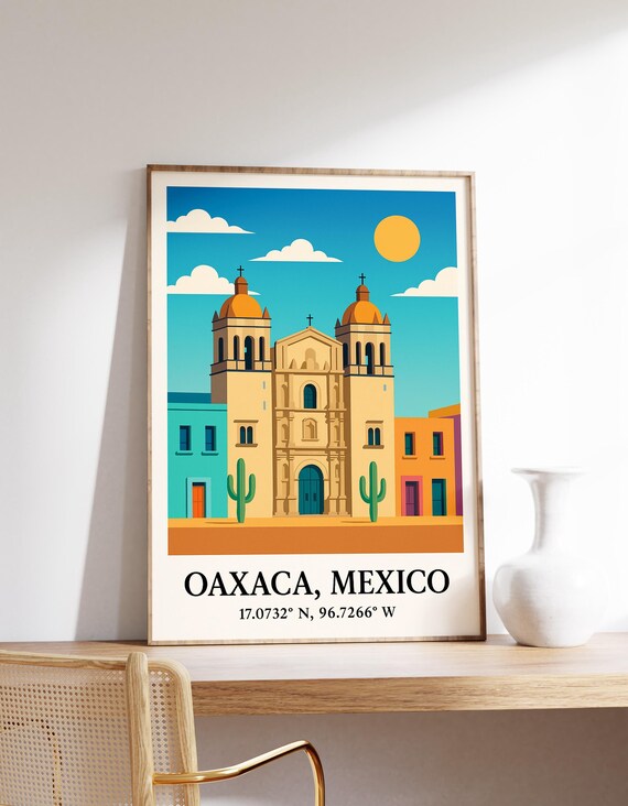 Oaxaca Mexico Cathedral Travel Poster Colorful Colonial Town Decor
