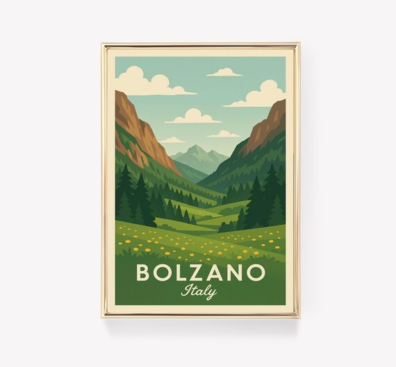 Bolzano Italy Vintage Travel Poster Dolomite Mountains Meadow Art