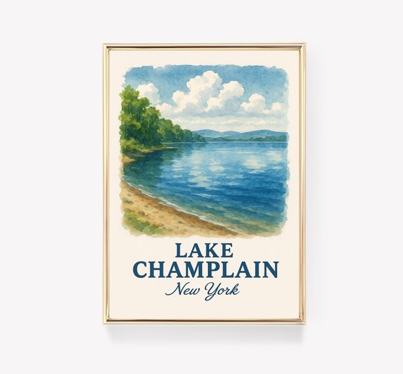 Lake Champlain New York Watercolor Lakeside Vintage Travel Poster