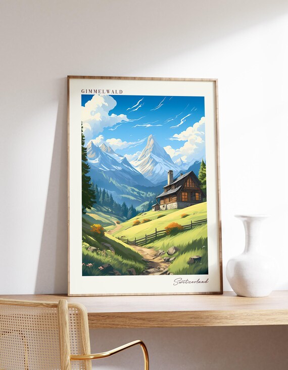 Gimmelwald Switzerland Alpine Chalet Mountain Meadow Travel Poster