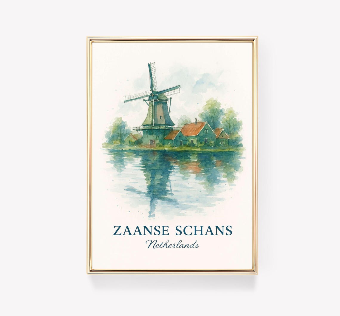 Zaanse Schans Netherlands Windmill Watercolor Canal Art Poster