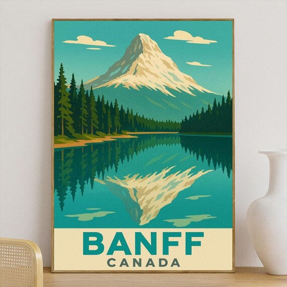 Banff Canada Vintage Snowy Alpine Mountain Lake Reflection Poster