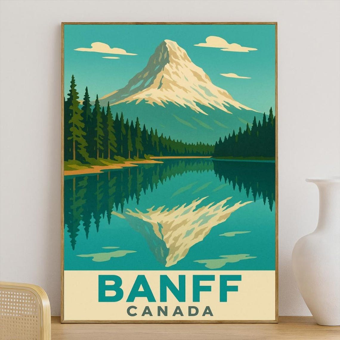 Banff Canada Vintage Snowy Alpine Mountain Lake Reflection Poster