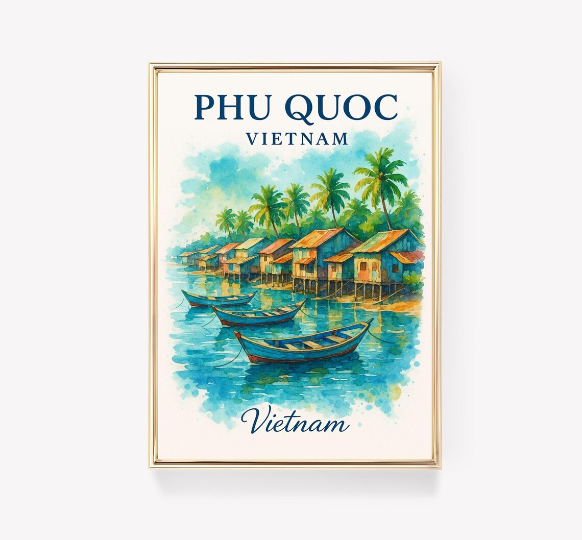 Phu Quoc Vietnam Island Watercolor Stilt Village Travel Poster