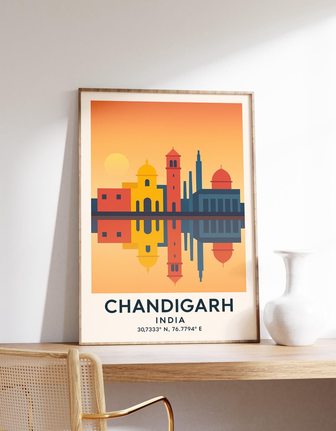 Chandigarh India Skyline Reflection Sunset City Travel Poster