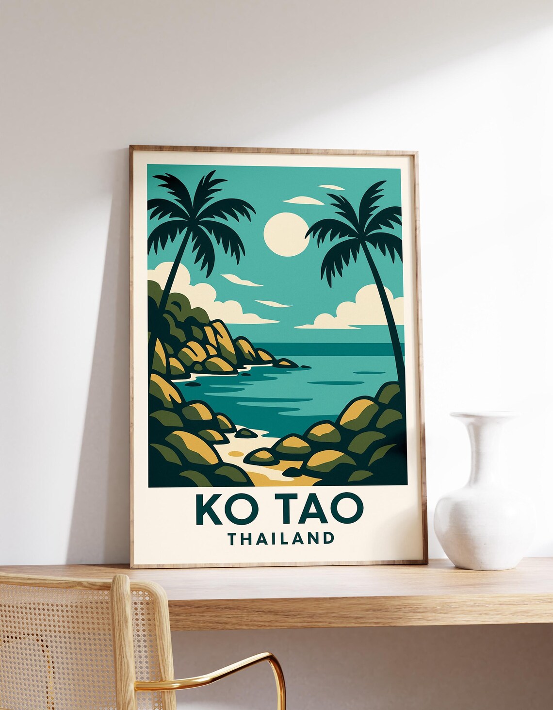 Ko Tao Thailand Retro Beach Palm Trees Rocky Cove Vintage Poster