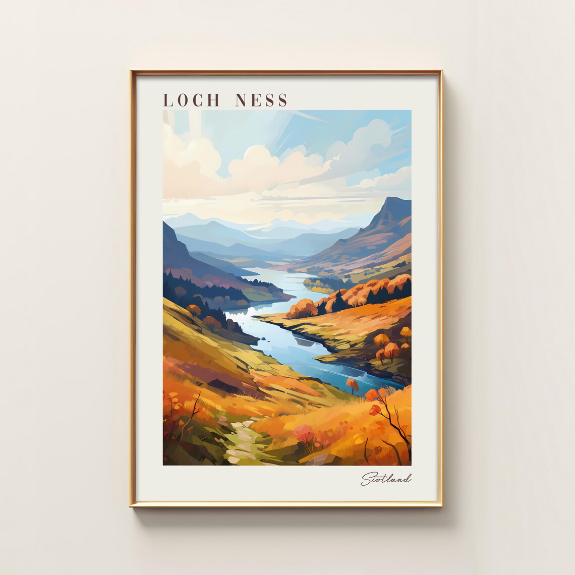 Loch Ness Scotland Autumn Valley Loch Scenic Vintage Travel Poster
