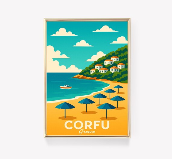 Corfu Greece Sunny Beach Umbrellas Hillside Vintage Travel Poster