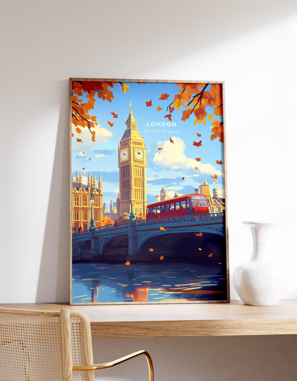 London United Kingdom Big Ben Red Bus Autumn Vintage Travel Poster