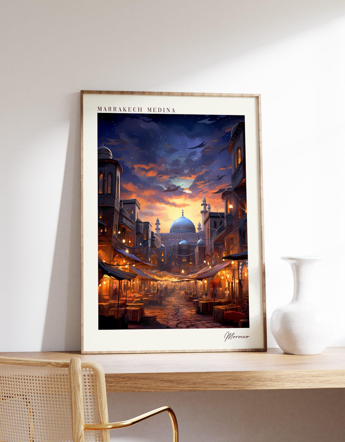 Marrakech Medina Morocco Souk Night Mosque Minaret Travel Poster
