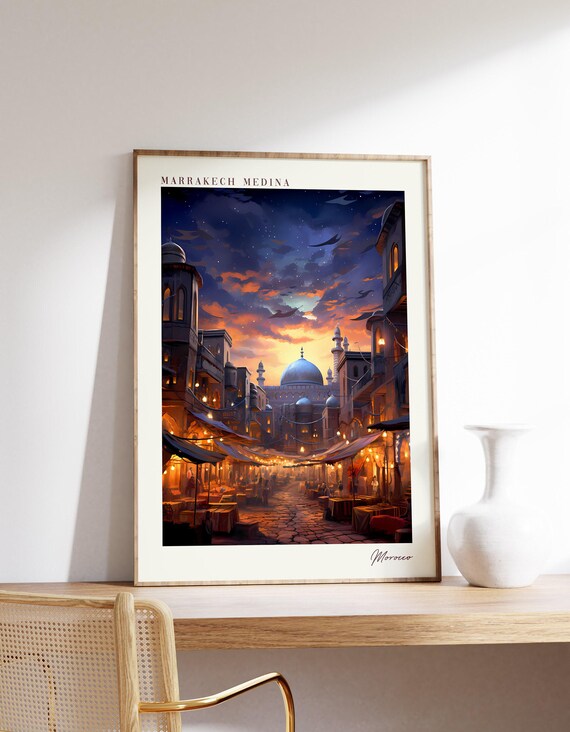 Marrakech Medina Morocco Souk Night Mosque Minaret Travel Poster