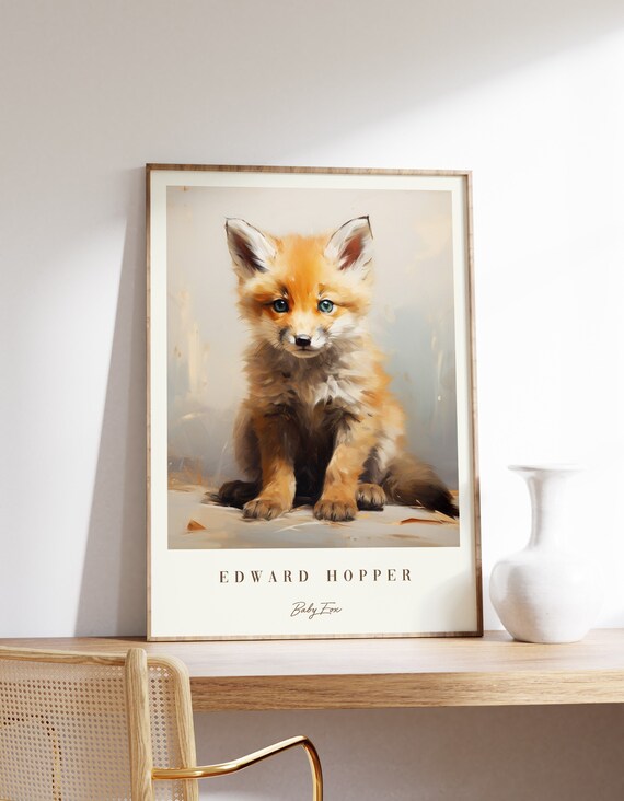 Baby Fox Poster Edward Hopper Vintage Painting Modern Wall Art Antique Print Decor
