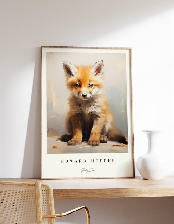 Edward Hopper Baby Fox Cute Kit Watercolor Portrait Art Poster