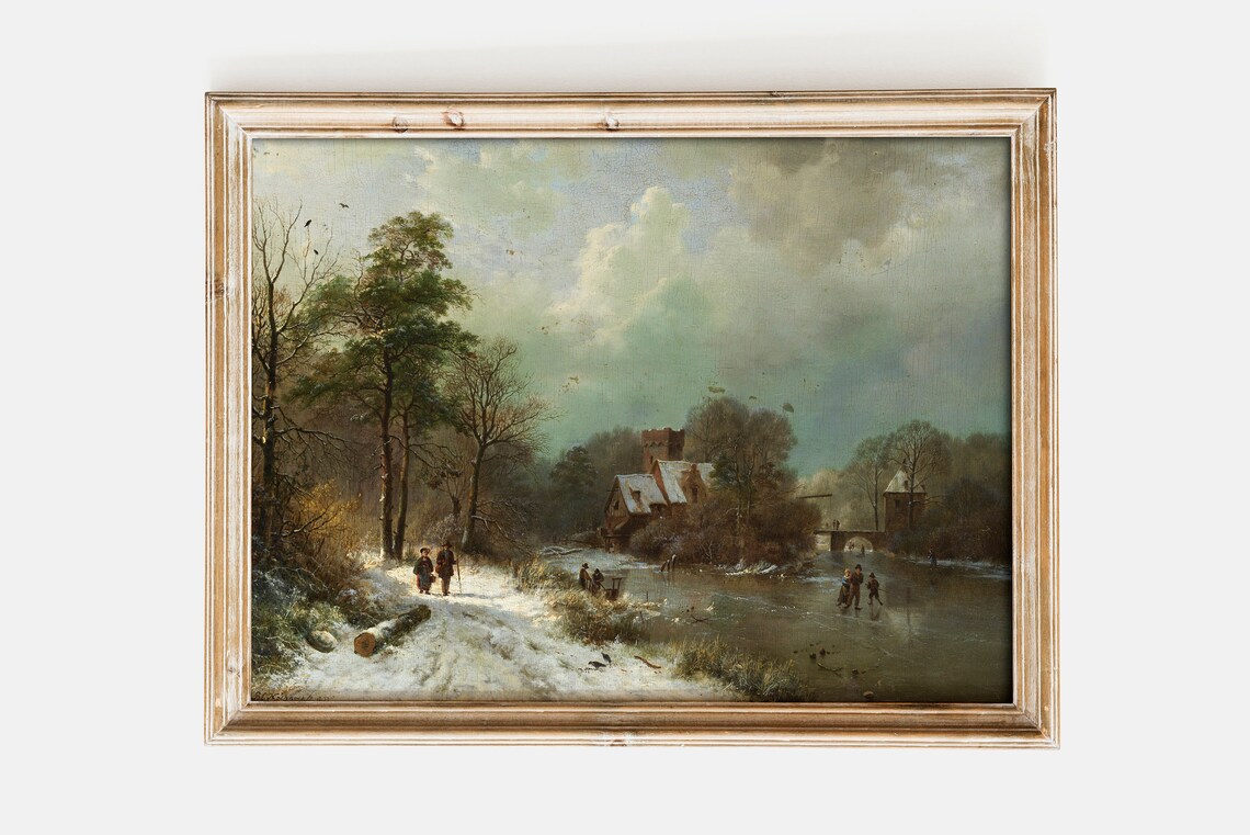 Winter Landscape Holland 1833 Frozen River Skaters Vintage Poster