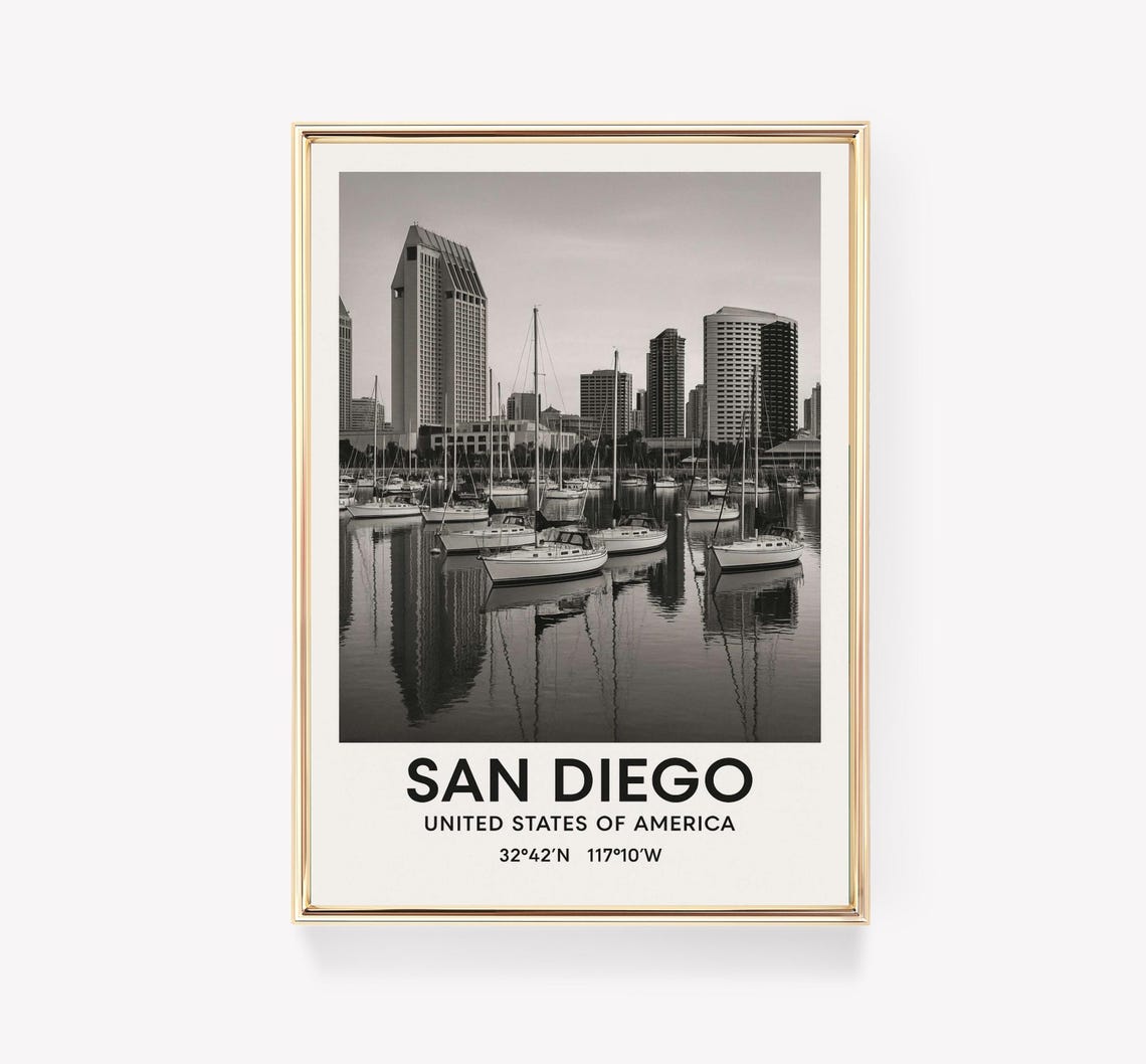 San Diego United States Harbor Skyline Sailboats Black White Print