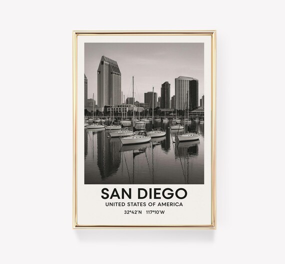 San Diego United States Harbor Skyline Sailboats Black White Print