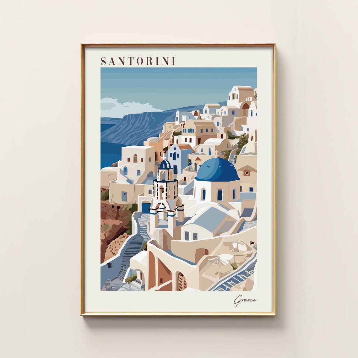 Santorini Greece White Village Blue Dome Travel Poster Illustration