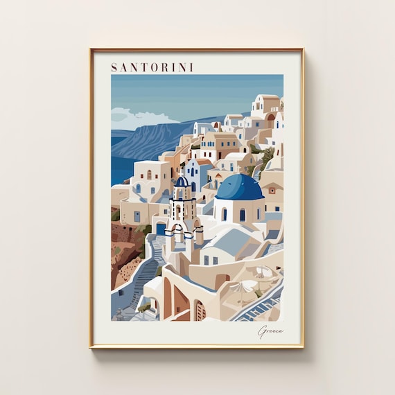 Santorini Greece White Village Blue Dome Travel Poster Illustration