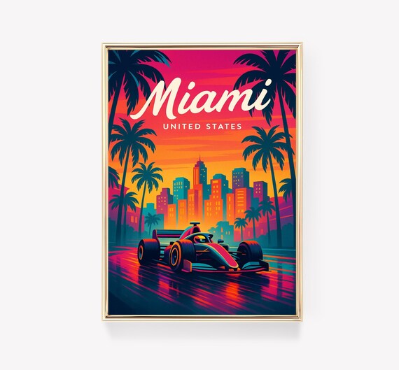 Miami United States Neon Formula One Race Car Palm Night Poster