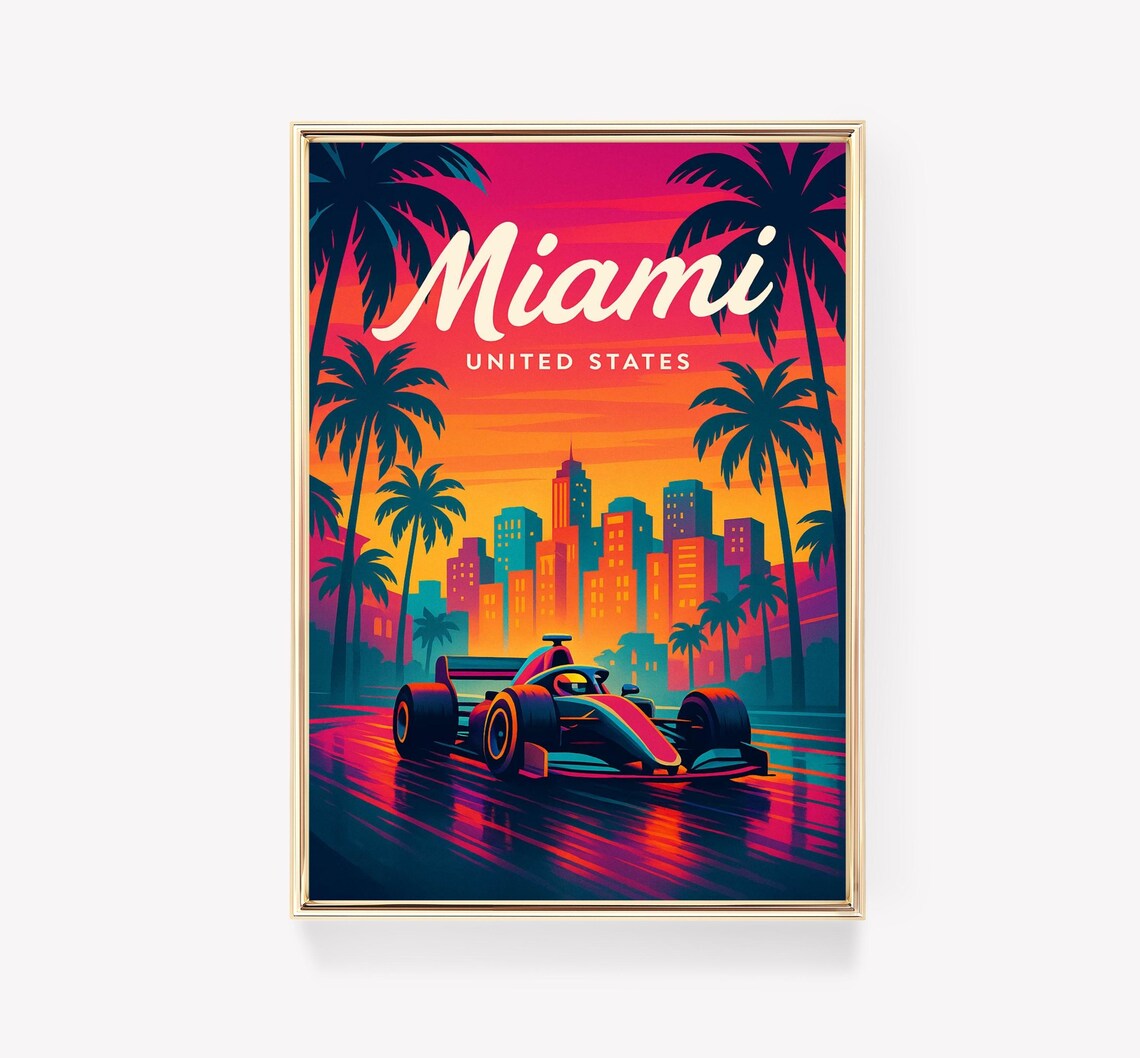 Miami United States Neon Formula One Race Car Palm Night Poster